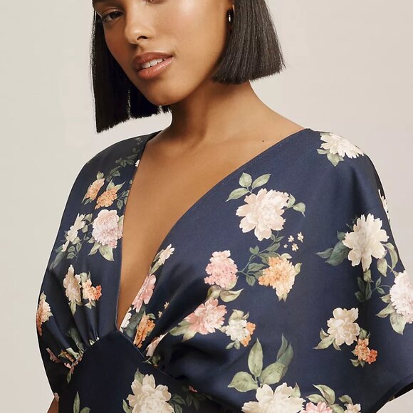 NWT BHLDN Leila Deep-V Flutter-Sleeve Satin A-Line Gown Navy/Martin Size 8 - Picture 4 of 7